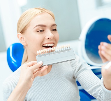 Woman's smile compared with porcelain veneer shade chart