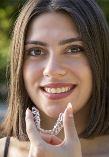 woman holding a clear aligner in Mt. Pleasant